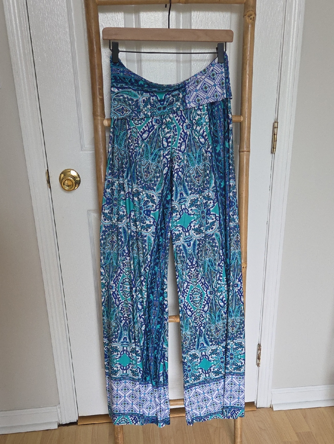 Printed Blue & Teal Wide-Leg Pants Medium